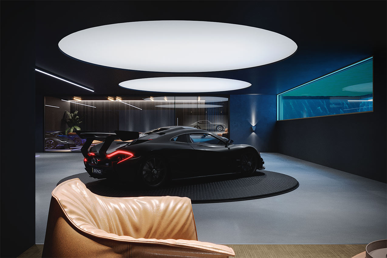 Luxusgarage mit Lounge und Blick in den Pool