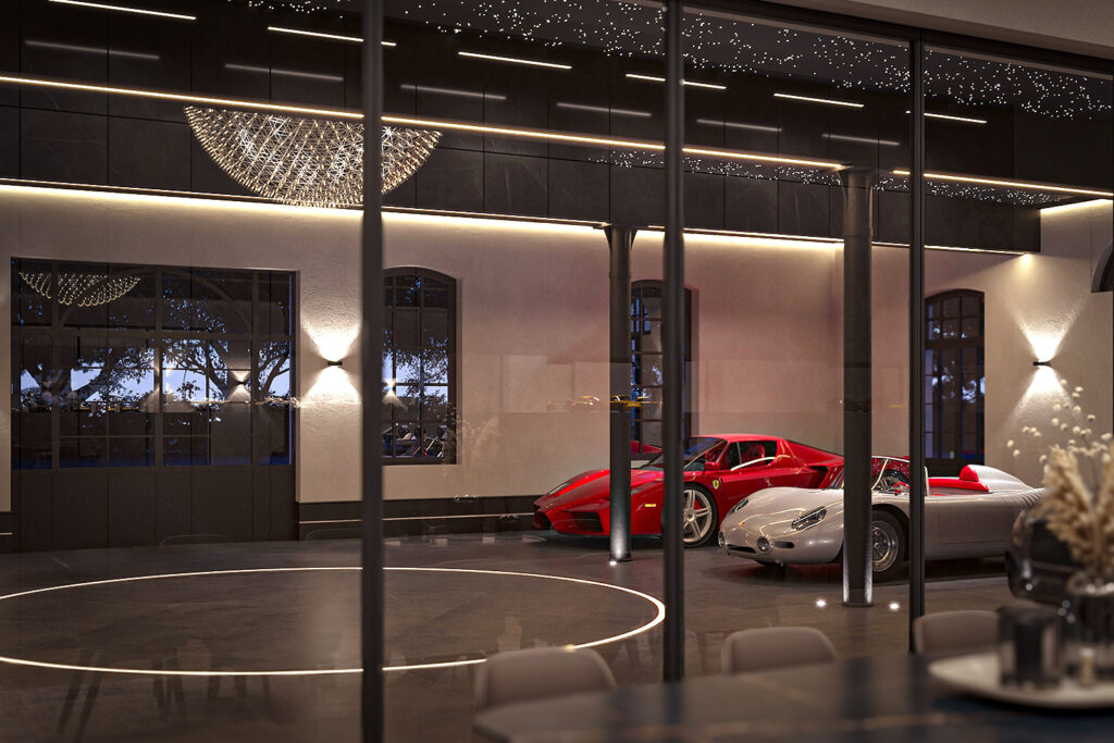 Garagengestaltung im Premium Segment mit Glasfront, Sternenhimmel-Decke und Lichtkreis