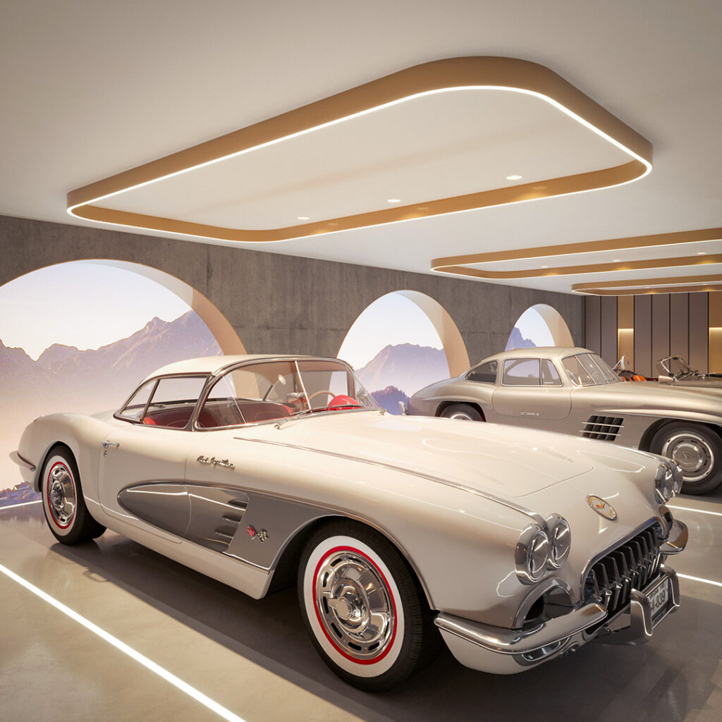 Sammlergarage mit Panorama-Inszenierung, Deckenlicht und hochwertigem Garageninnenausbau