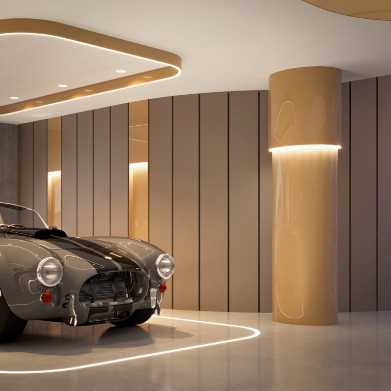 Eleganter Garagenausbau mit Wandpaneelen, Lichtbogen, Designstütze und hochwertigem Innenausbau