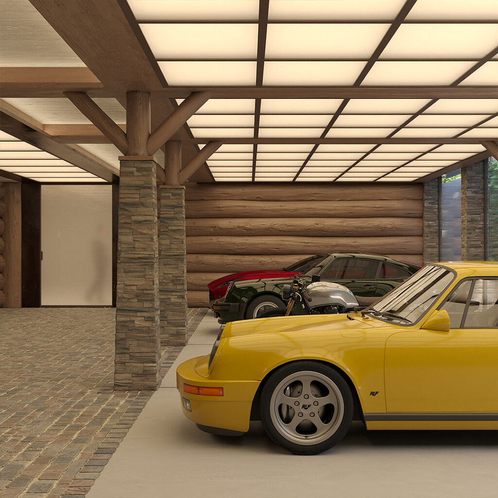 Exclusive Swiss chalet-style garage with a light ceiling, natural stone pillars and high-quality garage fittings