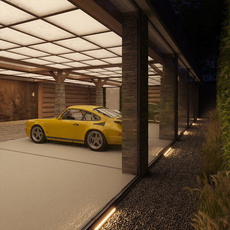 Luxury Alpine garage in Switzerland with glass front, chalet style, backlit ceiling and high-quality garage interior