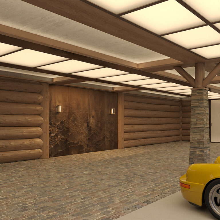 Garage design Switzerland in chalet style with luminous ceiling, wood panelling, natural stone pillars and mountain relief door