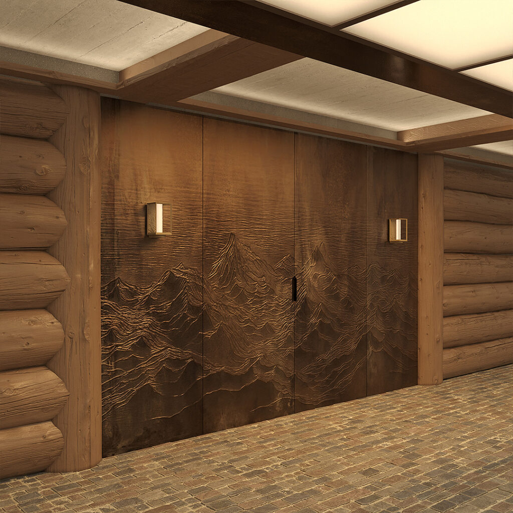 Garage design Switzerland in chalet style with bronze designer door, mountain relief and wood panelling