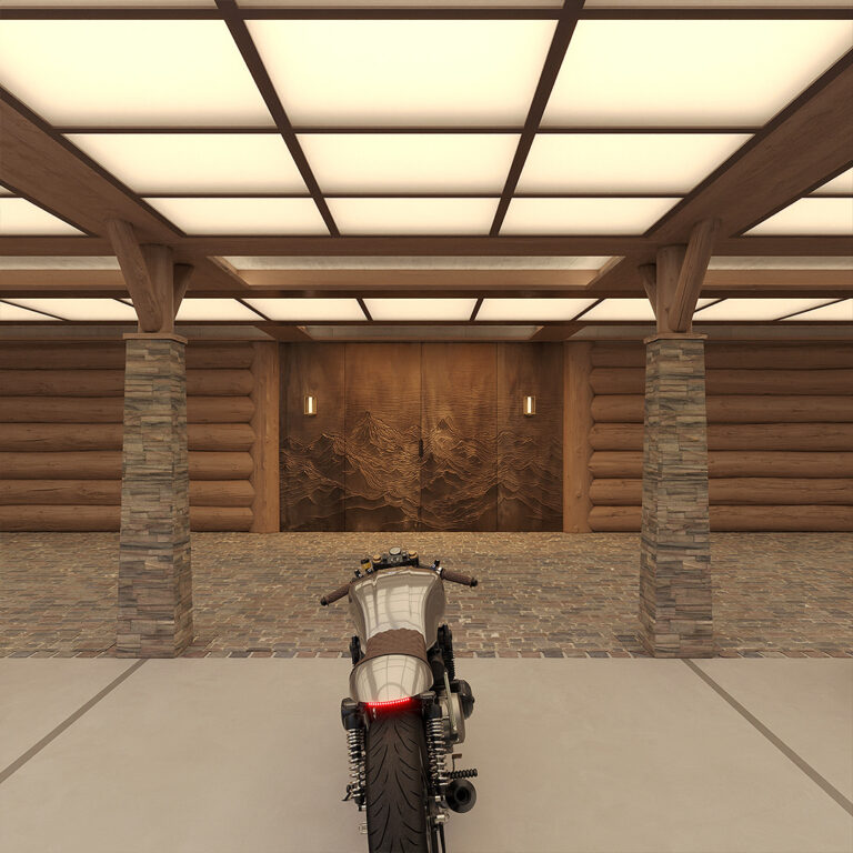 Luxury garage in Switzerland with chalet-style interior, illuminated ceiling, natural stone pillars and wood panelling