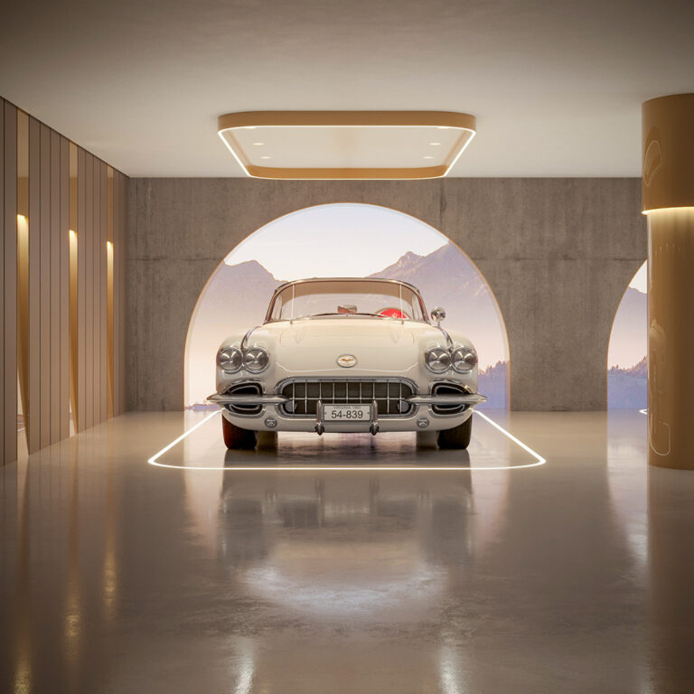 Luxusgarage mit Großbildleinwand, Lichtkonzept und hochwertigem Garagenausbau