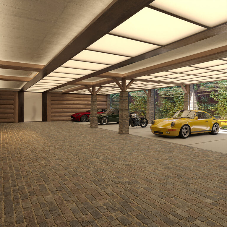 Luxury garage Switzerland with large atrium, chalet style, natural stone pillars and light ceiling