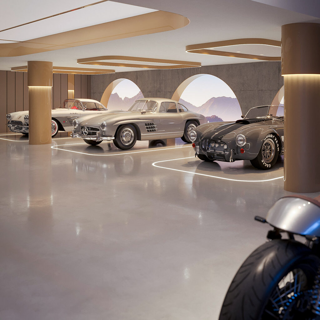 Premium Garagengestaltung mit Lichtkonzept, Großbildleinwänden und hochwertigem Garagenausbau