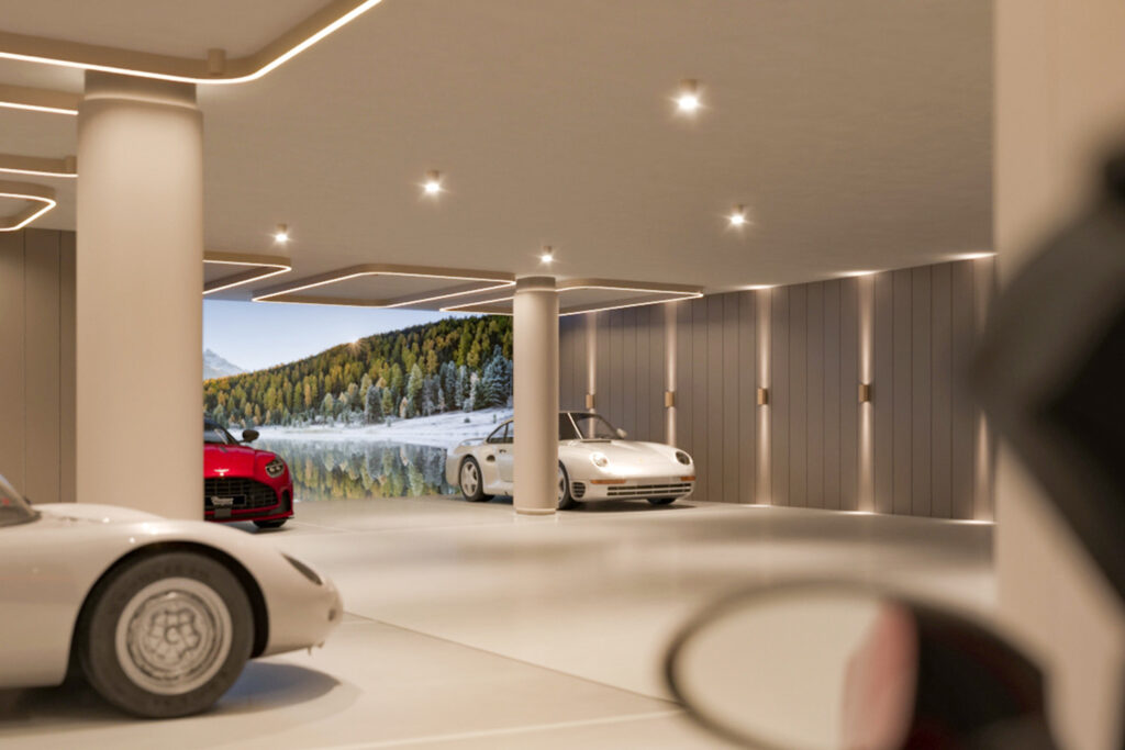 Car garage in Switzerland with sports cars, indirect lighting and Alpine panorama