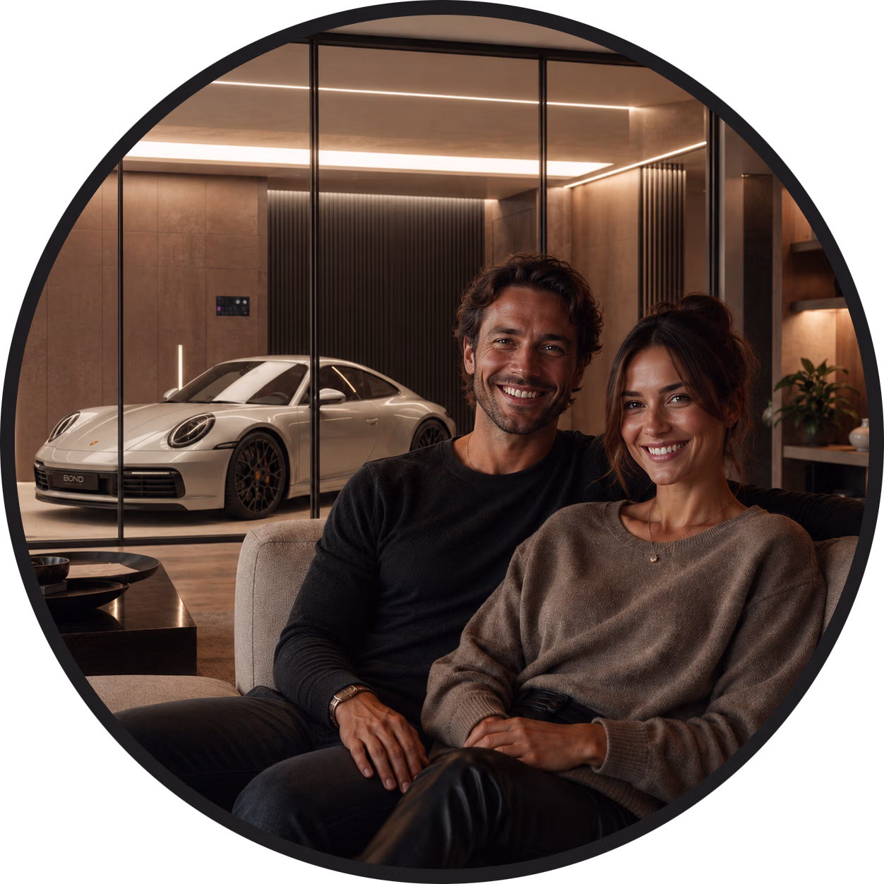Exclusive garage design - A couple in the living room with a Porsche in the background