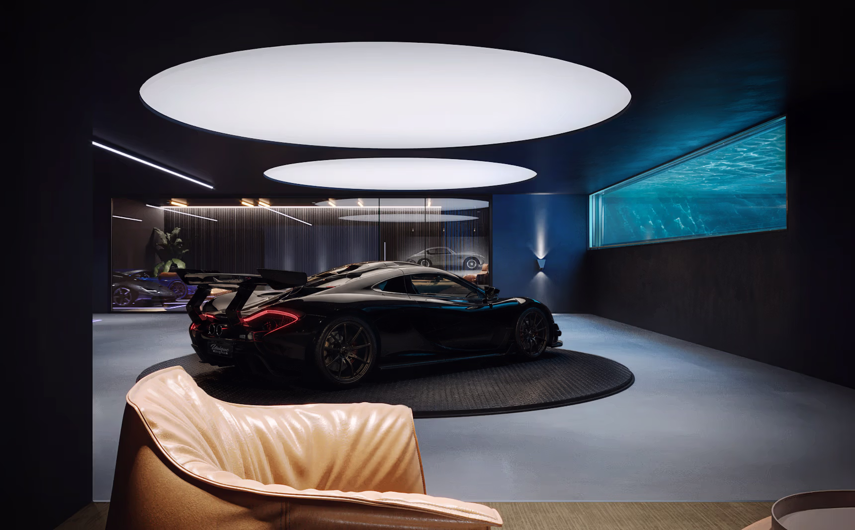 High-End Garagenausbau in einer Sammlergarage mit Sportwagen auf Drehscheibe, Lounge-Sessel und großem Poolfenster